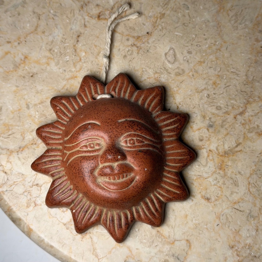 Vintage Terracotta Sun Face Wall Hanging 4in Brown Speckled Clay Folk Art